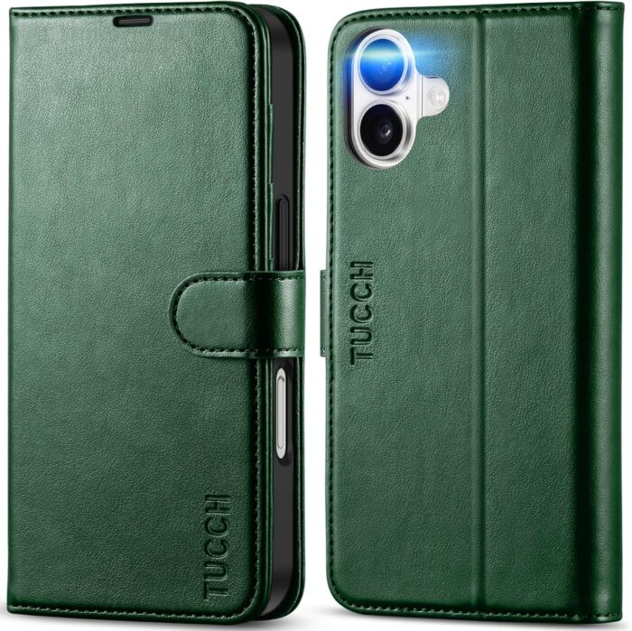 Green Protective Wallet Case for iPhone 16