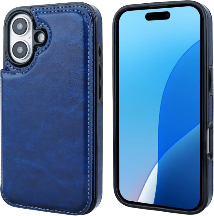 Blue Shockproof Wallet Case for iPhone 16 - Image 3