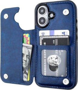 Blue Shockproof Wallet Case for iPhone 16